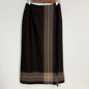 Vintage 90s Petite Sophisticate Brown Wool Wrap Skirt Fringe Midi 4